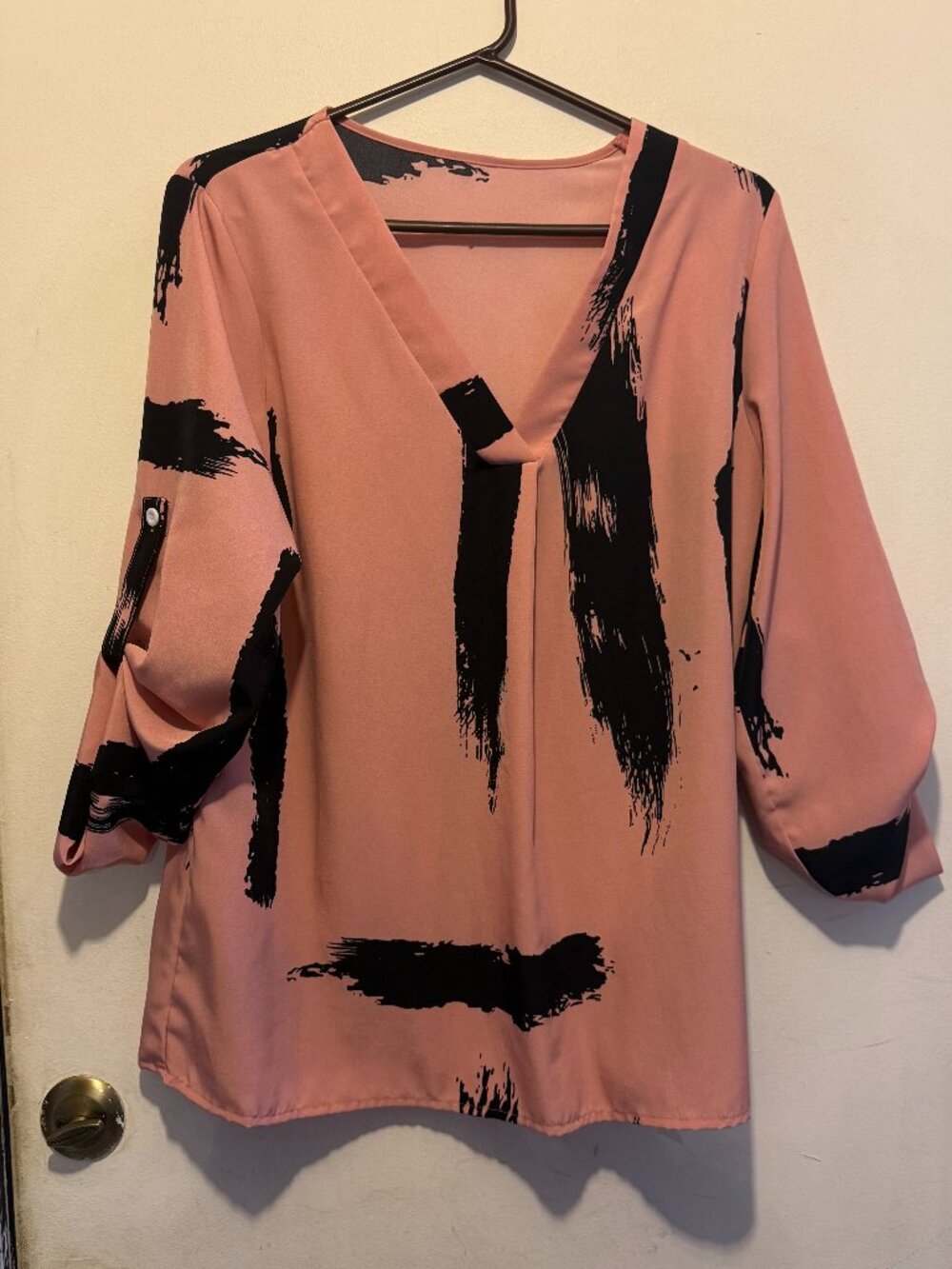 Shein XL Blouse Black & Pink 3/4 Sleeve Top Loose Fit Ladies (007)